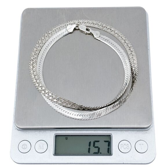 Flat Diamond Cut Herringbone Necklace | Vintage IBB Sterling Silver 925 | 18" - Picture 4 of 4